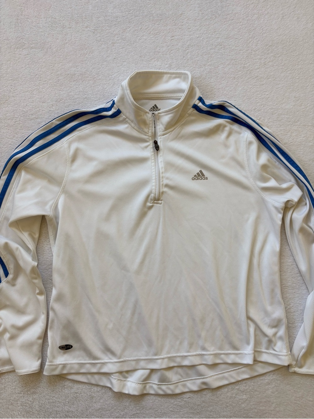 adidas White Quarter-Zip Pullover with Blue Shoulder Stripes